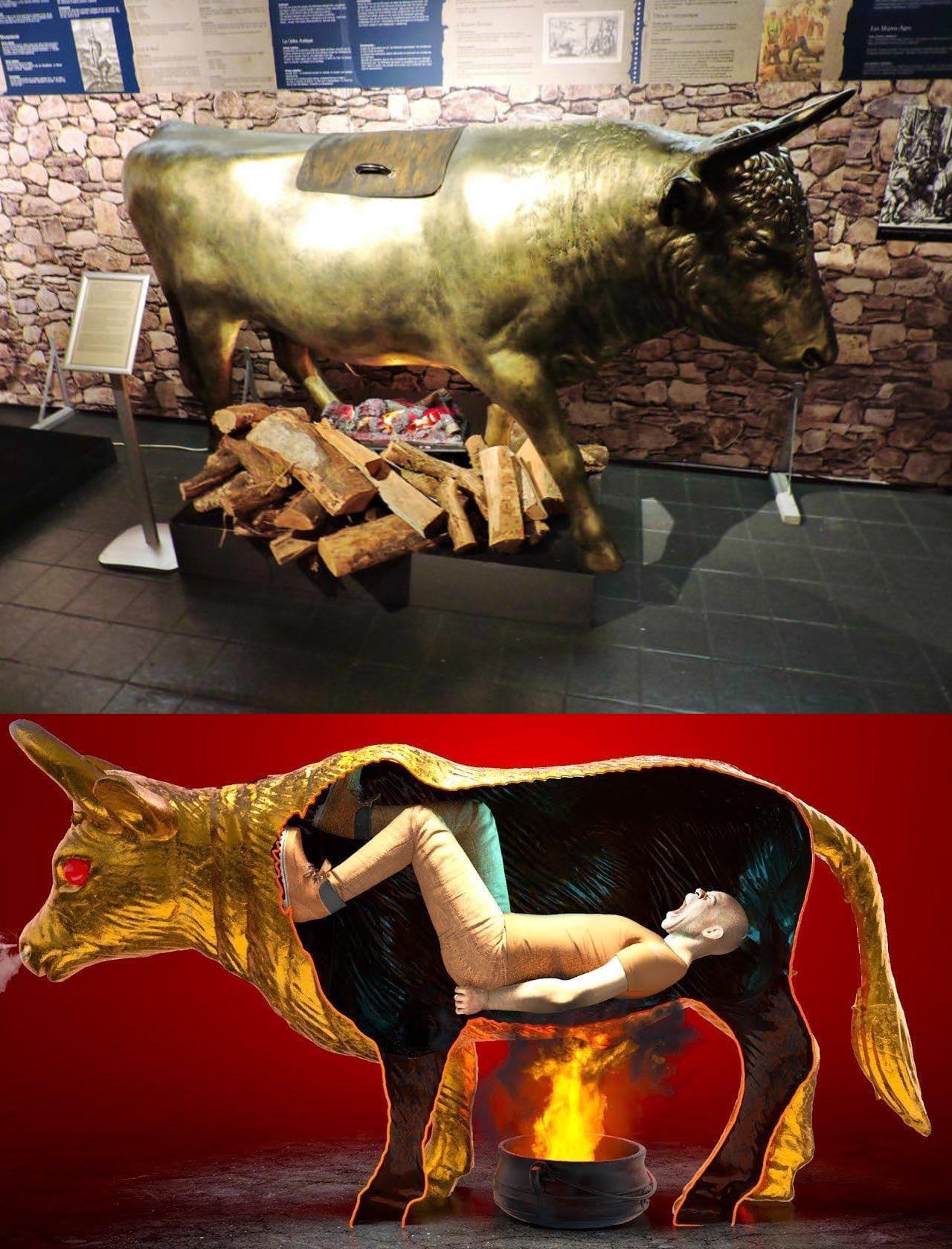 고대 그리스에서 사람을 고문하려고 녹쇠로 만든 소. The Brazen Bull Greece.jpg - 본문 이미지