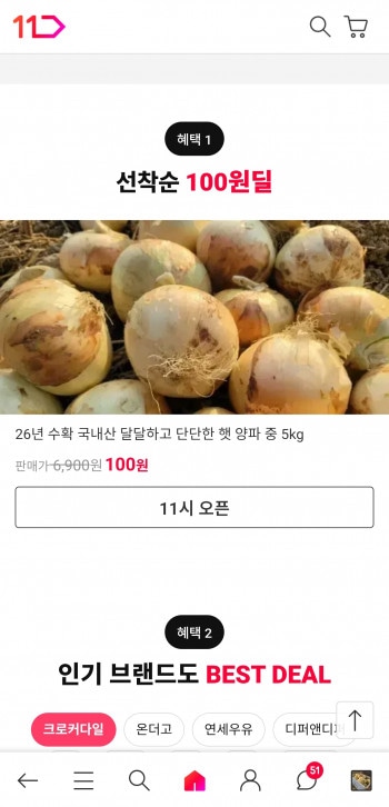 [11번가] 양파 5kg 100원딜